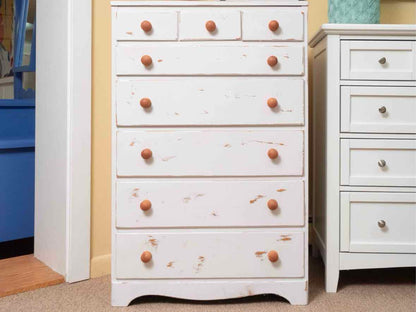 Distressed White Finish 8 Drawer Chest with Wooden Knobs