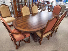 Wood Paneled Dining Table & 8 Fabric Dining Chairs w/ Nail Head Trim