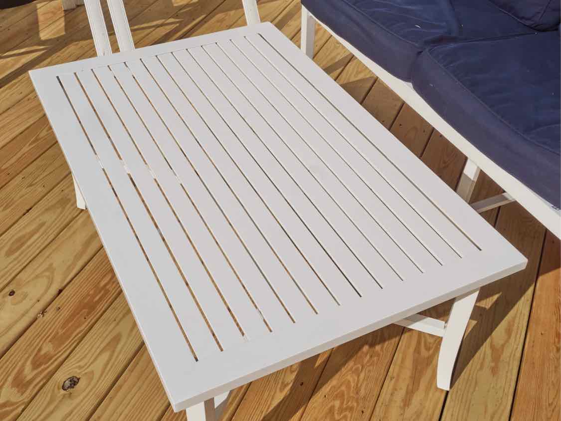 White Powered Finish Metal 3 Cushion Sunbrella Fabric Sofa & Cocktail Table