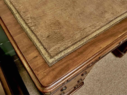 Antique Cherry Leather Top 9 Drawer Desk On Casters