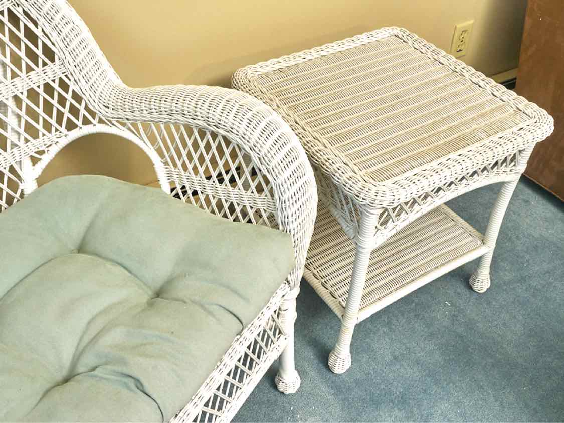 Pier1   Indoor White Wicker  Loveseat,Rocker, Side Chair, 2 Side Tables Set