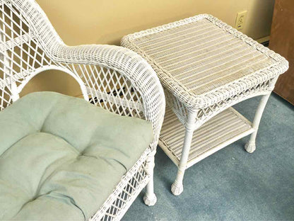 Pier1   Indoor White Wicker  Loveseat,Rocker, Side Chair, 2 Side Tables Set