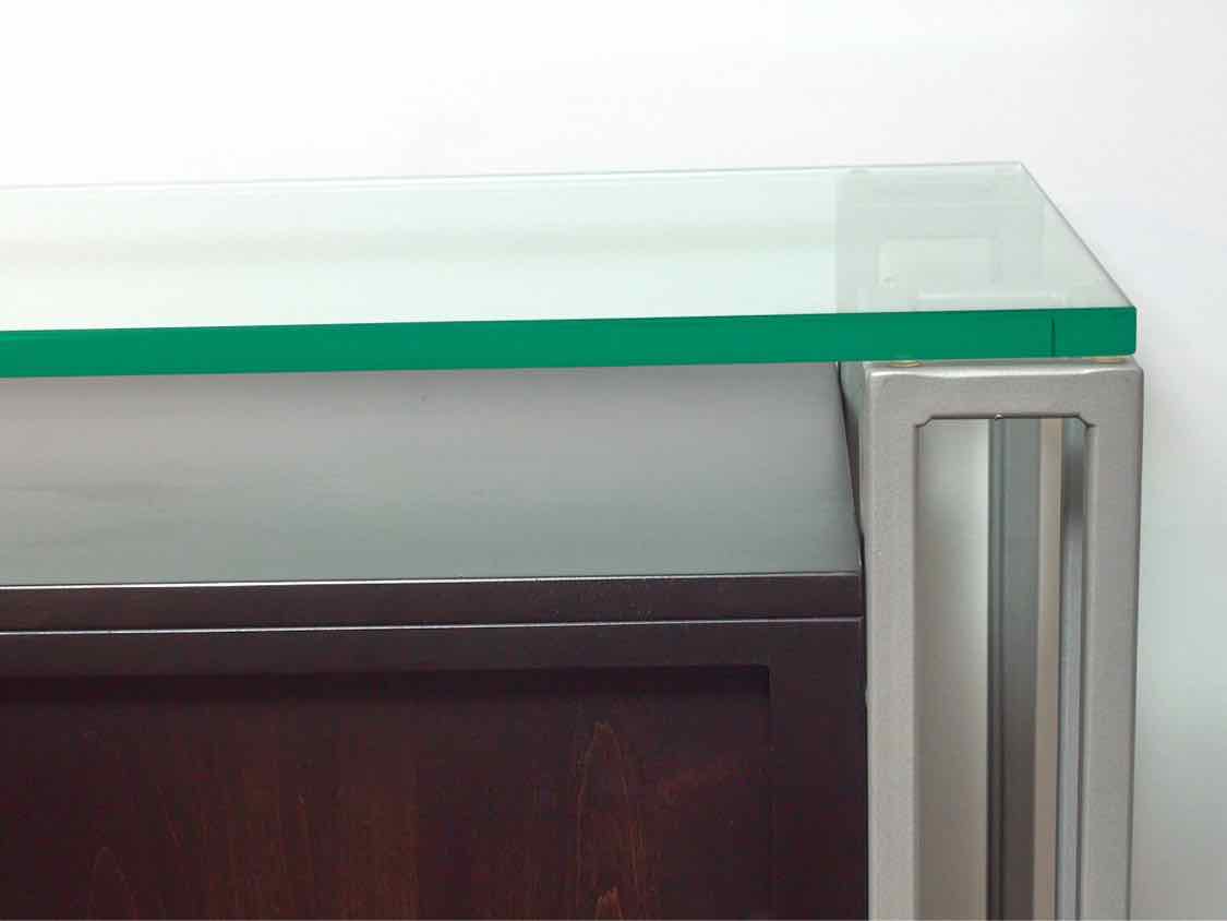 Contemporary Glass Top Walnut  Finish Metal Accents  2 Sliding Doors Server