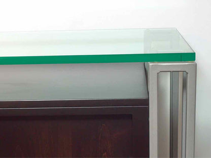 Contemporary Glass Top Walnut  Finish Metal Accents  2 Sliding Doors Server
