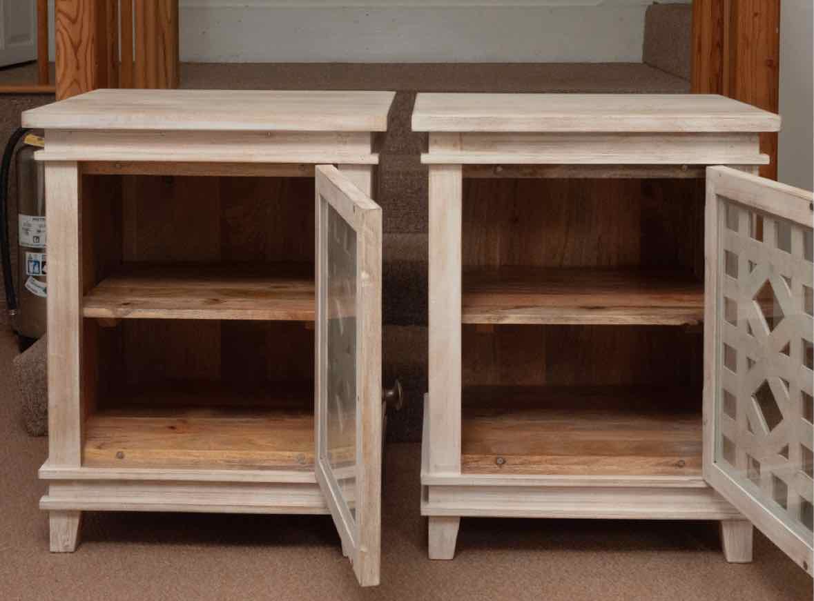 Pair of Pottery Barn Whitewashed Lattice Front Glass Door Nightstands