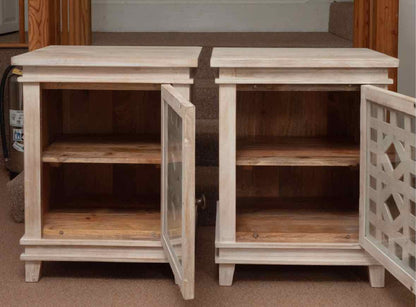 Pair of Pottery Barn Whitewashed Lattice Front Glass Door Nightstands