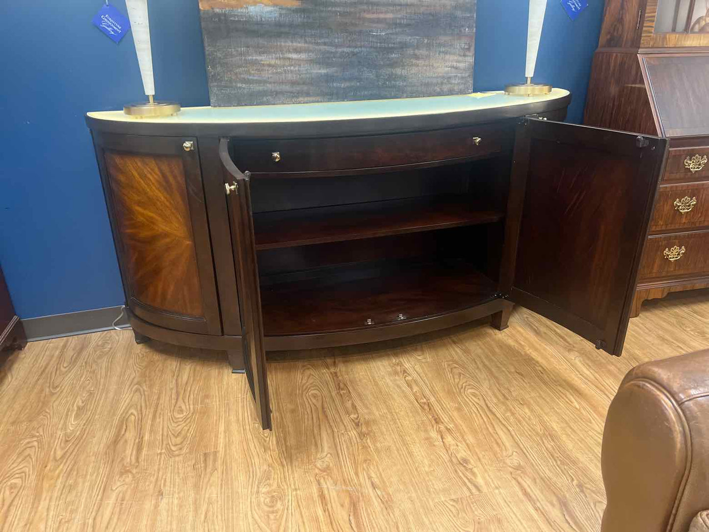 Caracole Mahogany Demilune w/ Frosted Glass Top