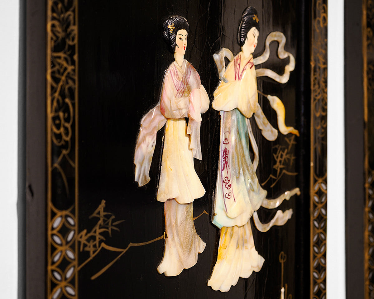 Set of 4 Lacquer and  MOP Inlaid Wall Hangings