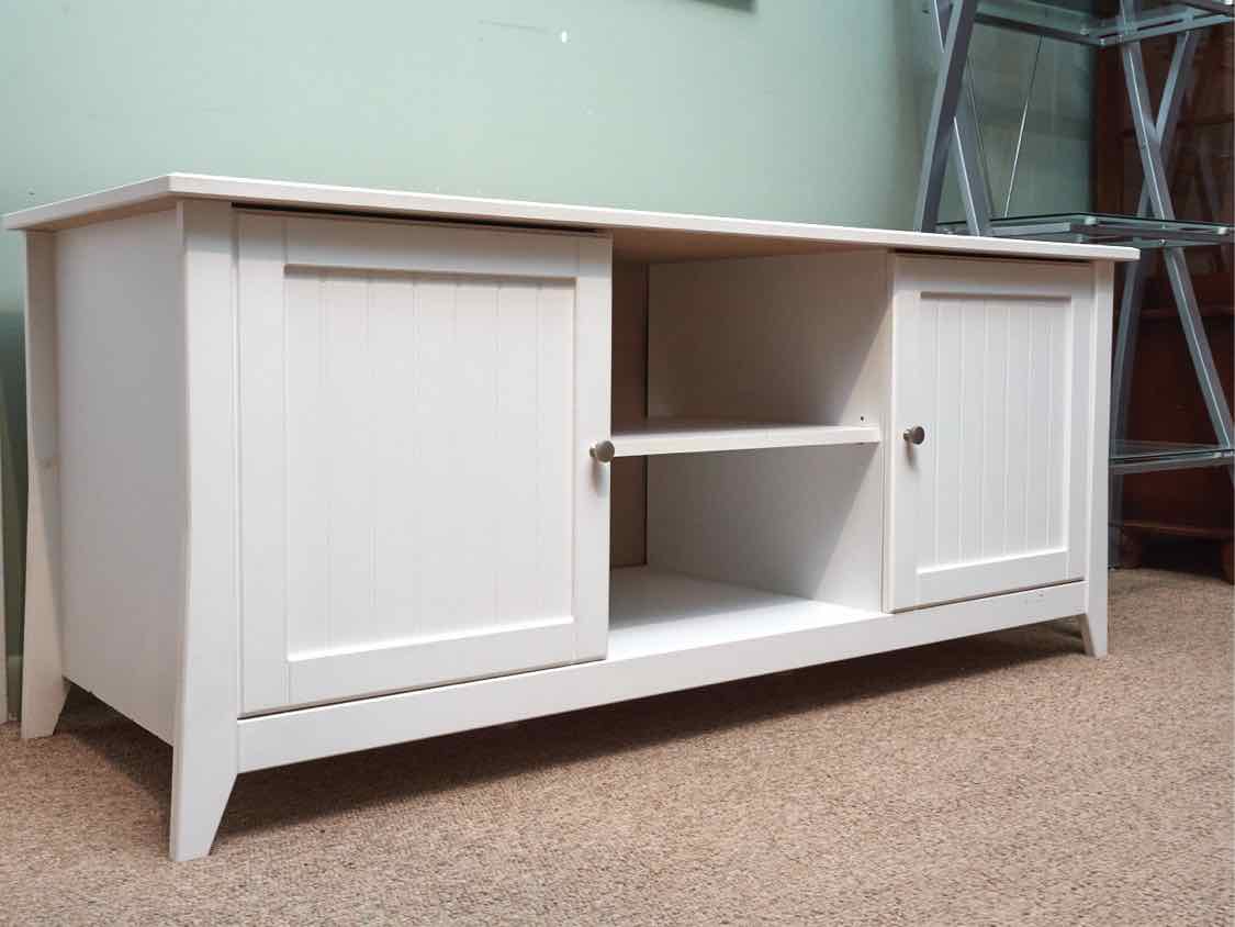 White Media Stand  with 2 Beadboard Doors & Open Storage