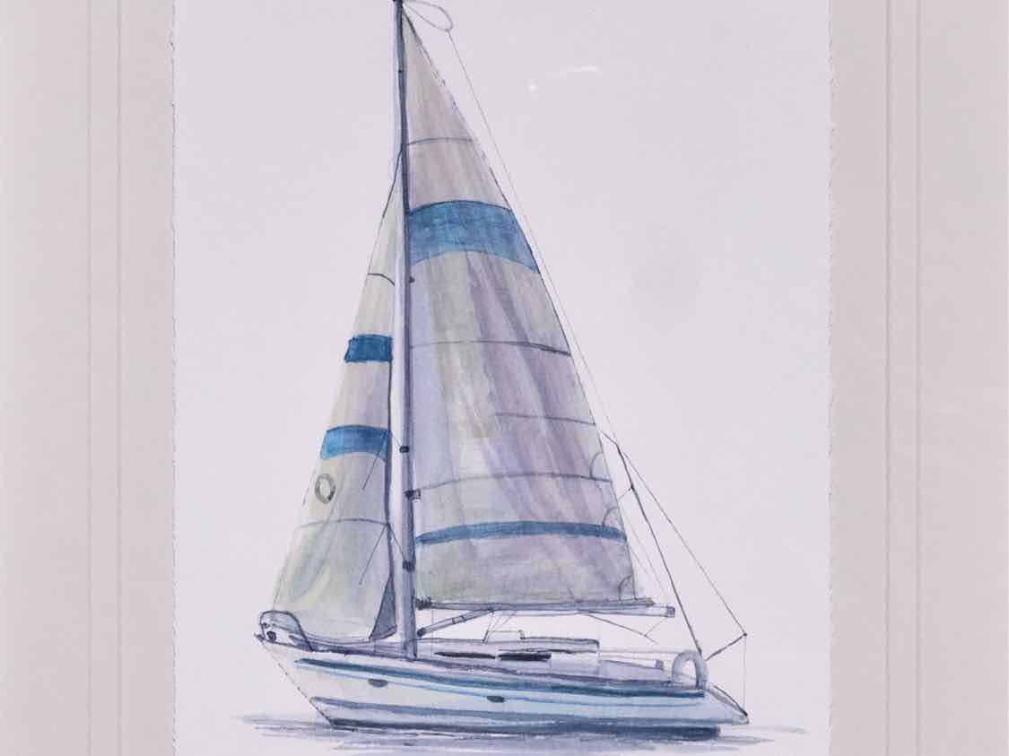 "Sailboat 2" Matted Print on Paper in Silver Beaded Frame