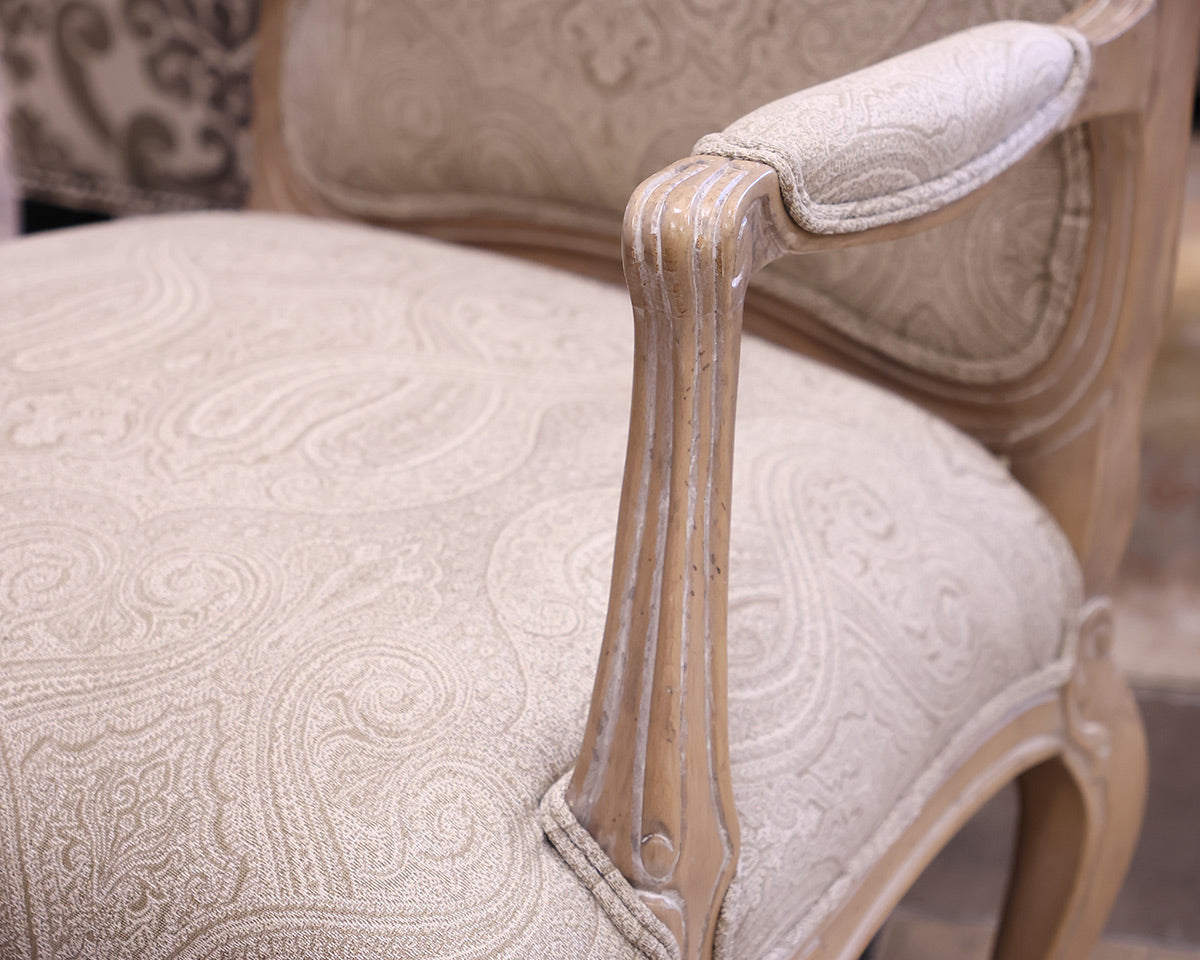 Ethan Allen French Bergere Chair in Neutral Damask with Limed Wood Finish