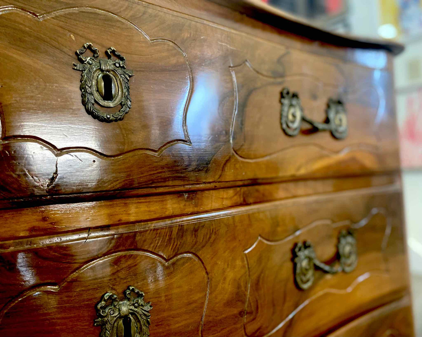 French Style Chestnut 3 Drawer Chest with Brass Wreath & Laurel Handles