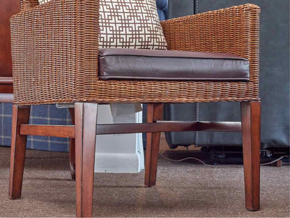 Pair of Ethan Allen' Shiloh' Wicker Arm Chairs with Bonded Leather Seat Cushion