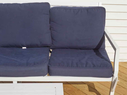 White Powered Finish Metal 3 Cushion Sunbrella Fabric Sofa & Cocktail Table