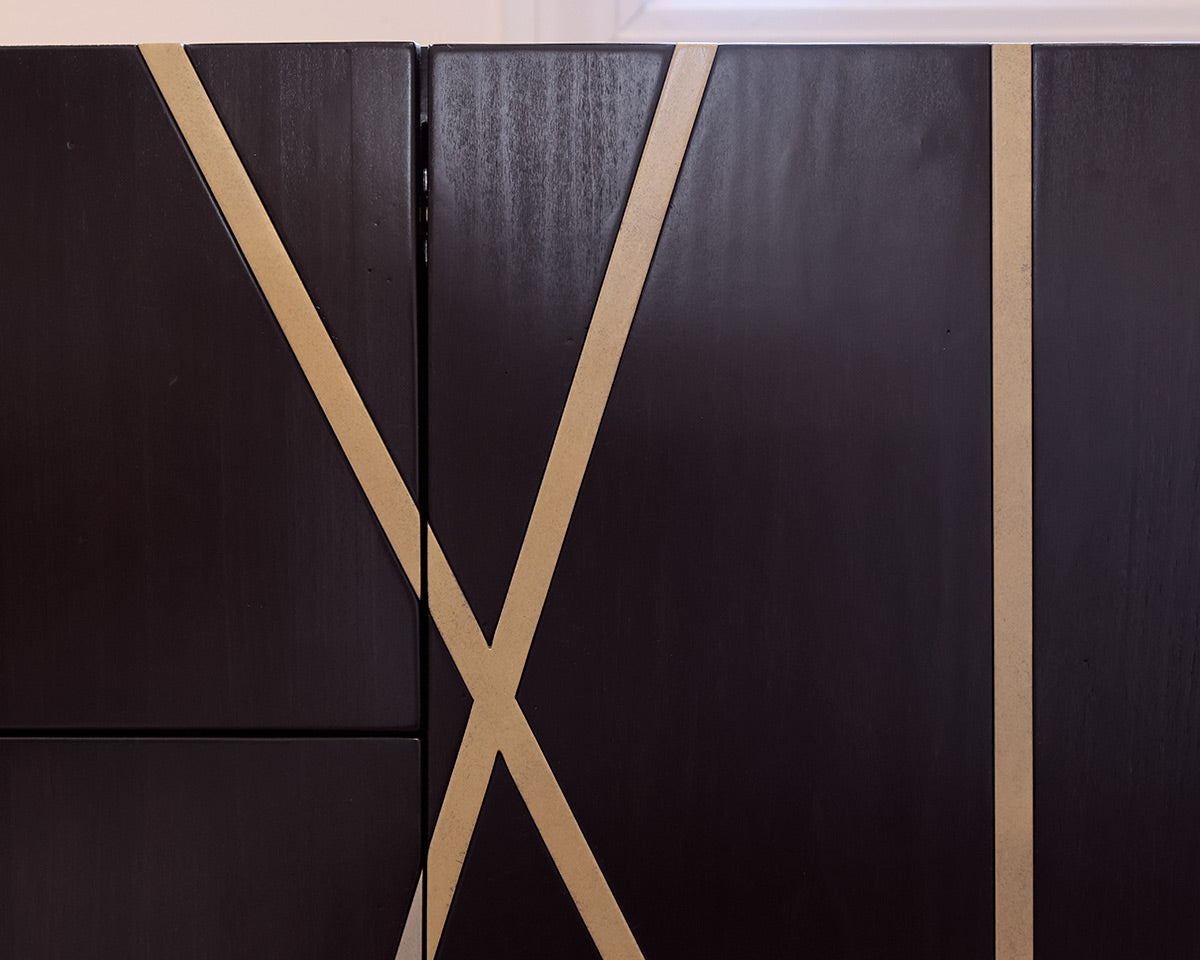 Dark Wooden Sideboard With Golden X Patterns