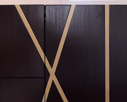Dark Wooden Sideboard With Golden X Patterns