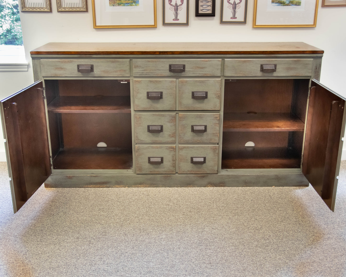 Pottery Barn Clerk's Cabinet in French Blue with Natural Finish Top