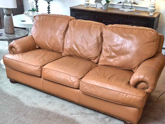 Drexel Pelle 'Russet' Leather 3 Cushion Nailhead Trim Rolled Arms Sofa