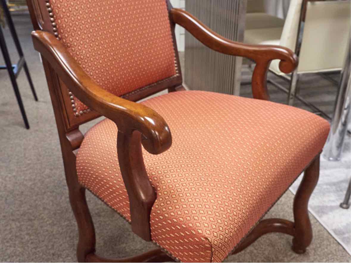 Wood Paneled Dining Table & 8 Fabric Dining Chairs w/ Nail Head Trim