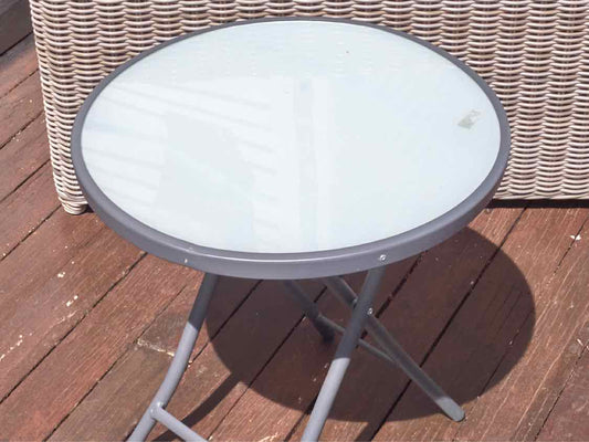 Outdoor Grey Round Accent Table with Frosted Glass Top
