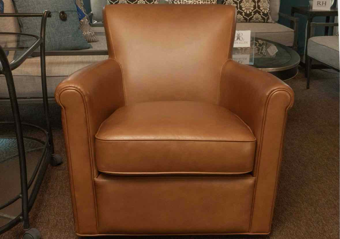 Pair Of Pottery Barn 'Ivring' Rolled Arm Caramel  Leather Swivel Chairs