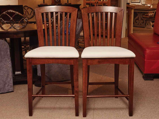 Pair Of Dark Stained Ash Cream Fabric Cushion Counter Stools