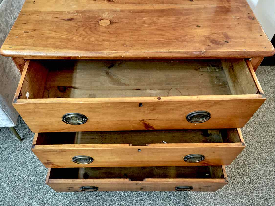 Pine 3-Drawer Chest with Oval Brass Ring Pulls