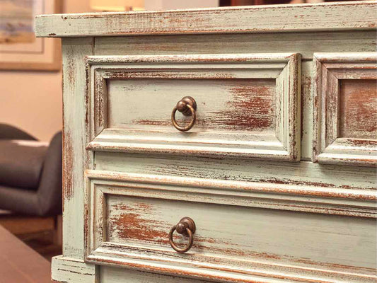 Aqua Distressed Finish Side Table with 3 Drawers & Shelf