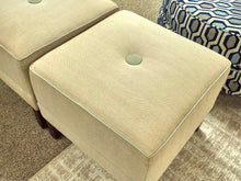 Pair of Ethan Allen Taupe Herringbone Upholstered & Teal Piping  Stools