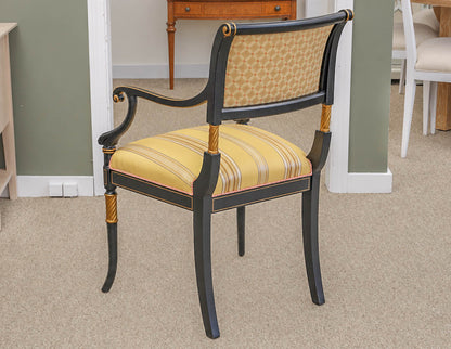 Pair of Regency Ebonized Arm Chairs with Gold Trim & Striped Yellow Silk