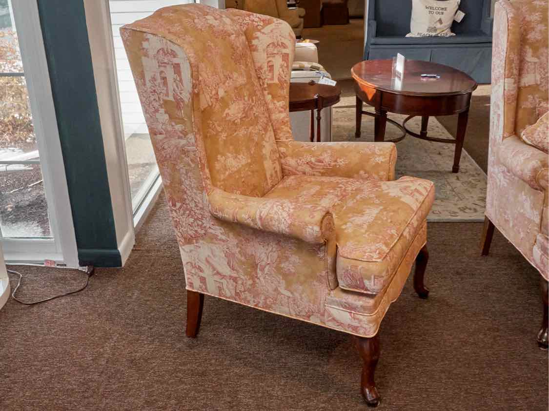Pair of Toile Upholsterd Wing Back Chairs Includes Toss Pillow