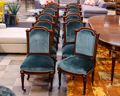 Set of 12 Custom Maison Grohe Upholstered Mahogany Dining Chairs on Casters