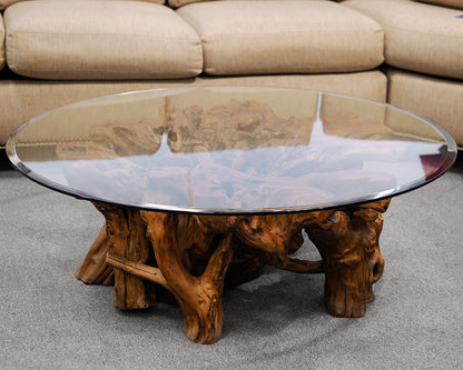 Round Glass Top Cocktail Table w/ Root Ball Pedestal