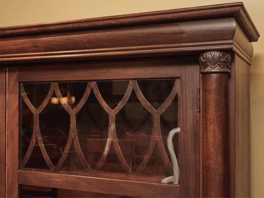 Cherry Double Glass Door Carved Columns  8 Adjustable Shelf Bookcase