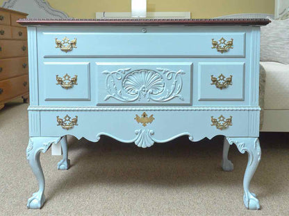 Solid Mahogany Ball & Claw Feet Cedar Lined Chest in Ice Blue finish & 1 Drawer