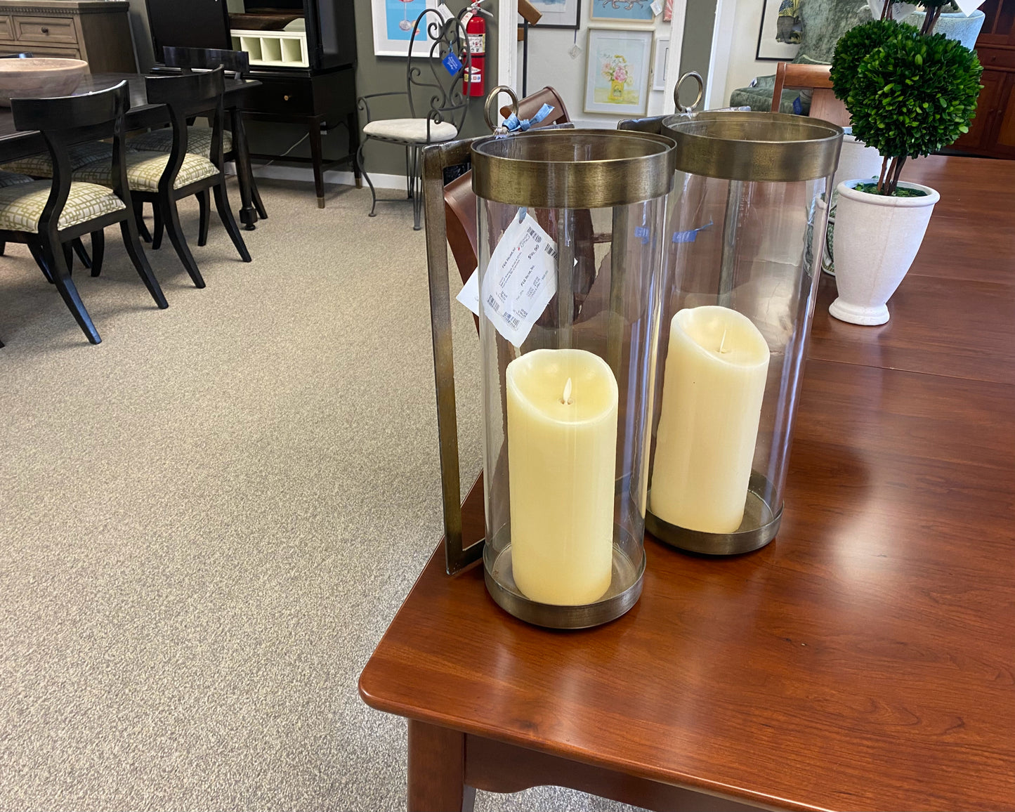 Pair of Antique Gold & Glass Hurricanes W/ Candles