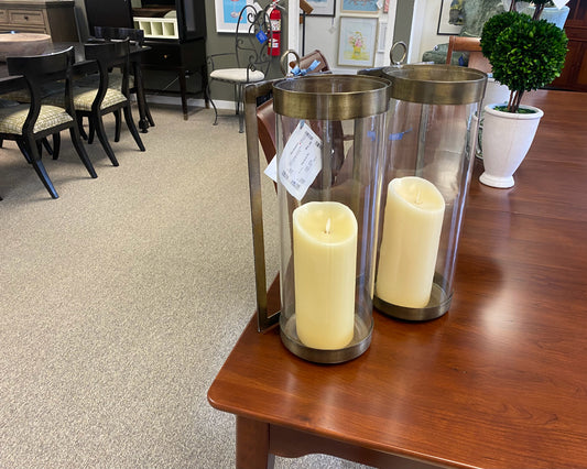 Pair of Antique Gold & Glass Hurricanes W/ Candles