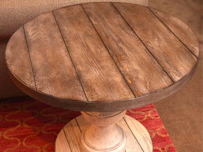 Round Driftwood Finish Plank Top Side Table with Pedestal Base