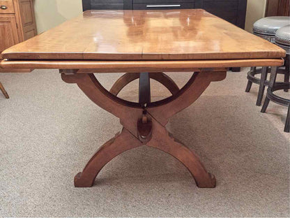 Maple Extension Dining Table With (2) Pull Out Leaves On Trestle Base
