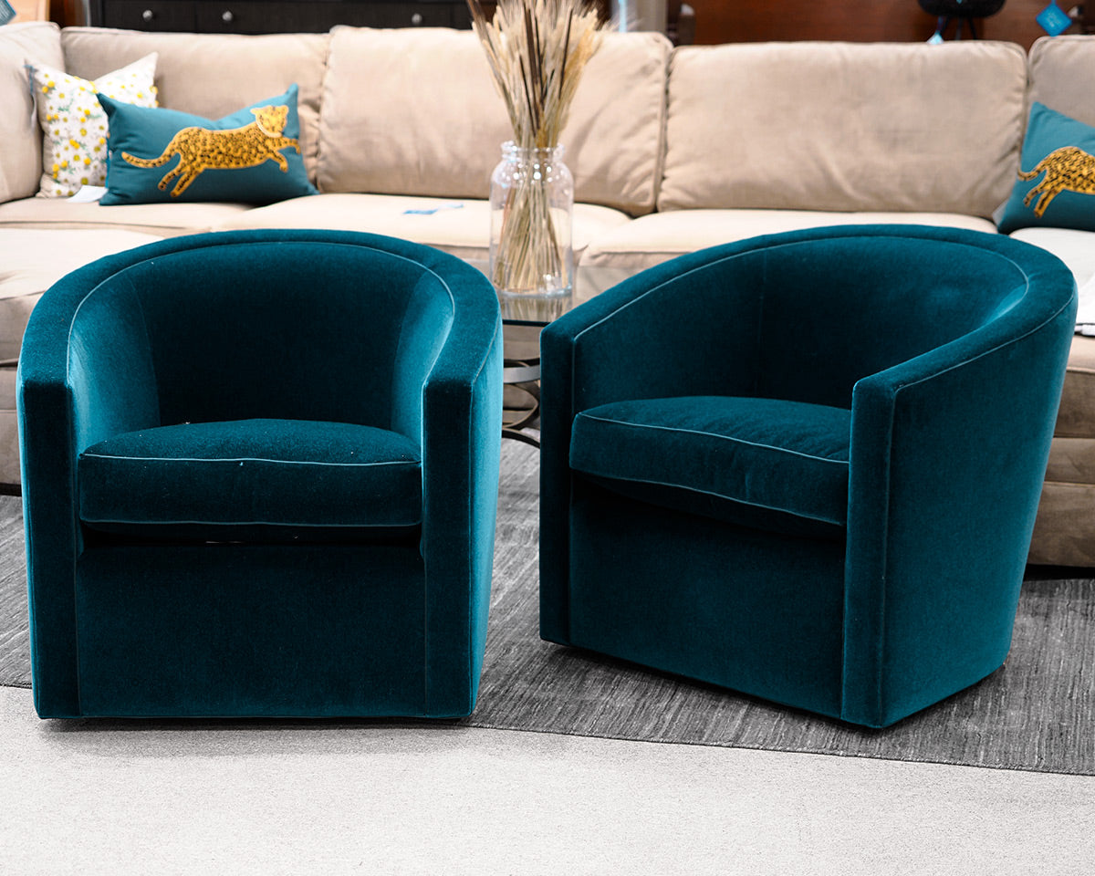 Pair of A. Rudin Custom Upholstered Swivel Chairs