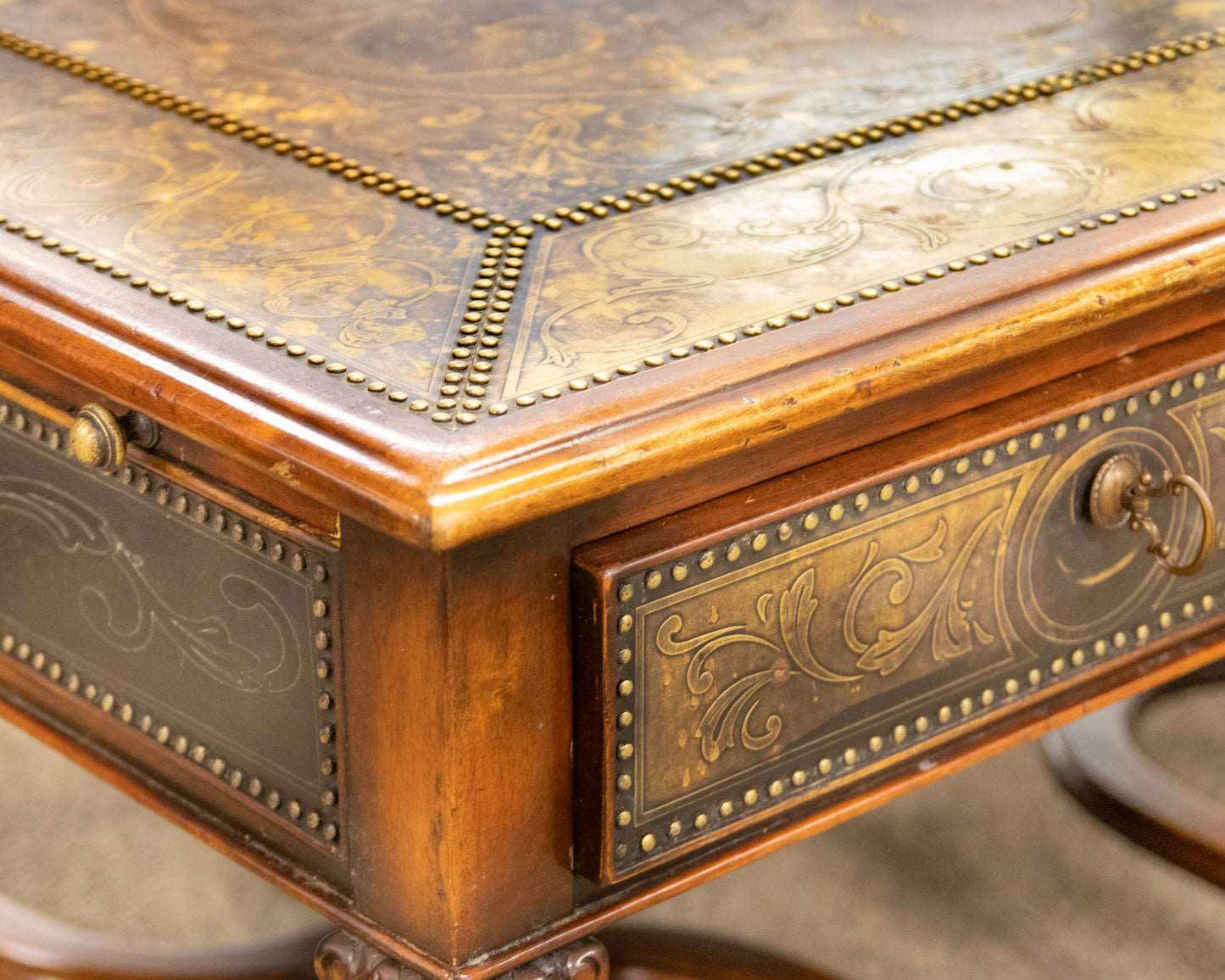 Regency Cocktail Table with Embossed Brass Panels and Side Pullouts