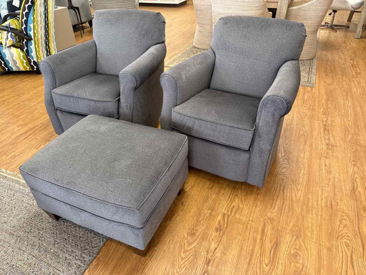Flexsteel Pair of Charcoal Swivel Chairs w/ Ottoman