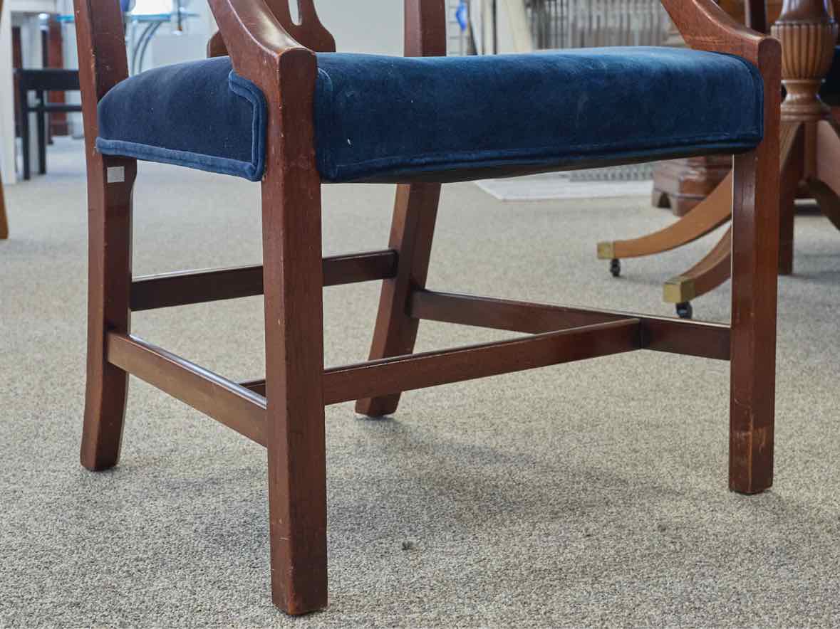 Set of 8 Carved Mahogany Dining Chairs with Dark Blue Velvet Seats