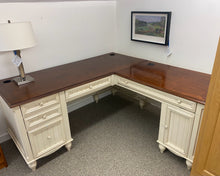 Beadboard Panel Corner Desk in Antique White with Cherry Finish Top