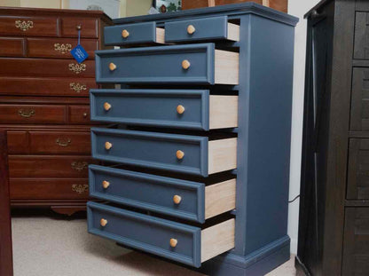 Hudson Bay Blue Finish 7 Drawer Chest with Natural Wood Knobs