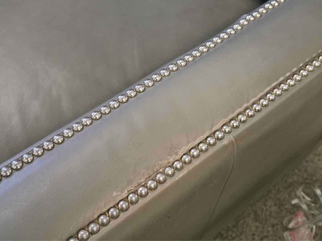 Basset Light Gray Leather Sofa With Nailhead Trim