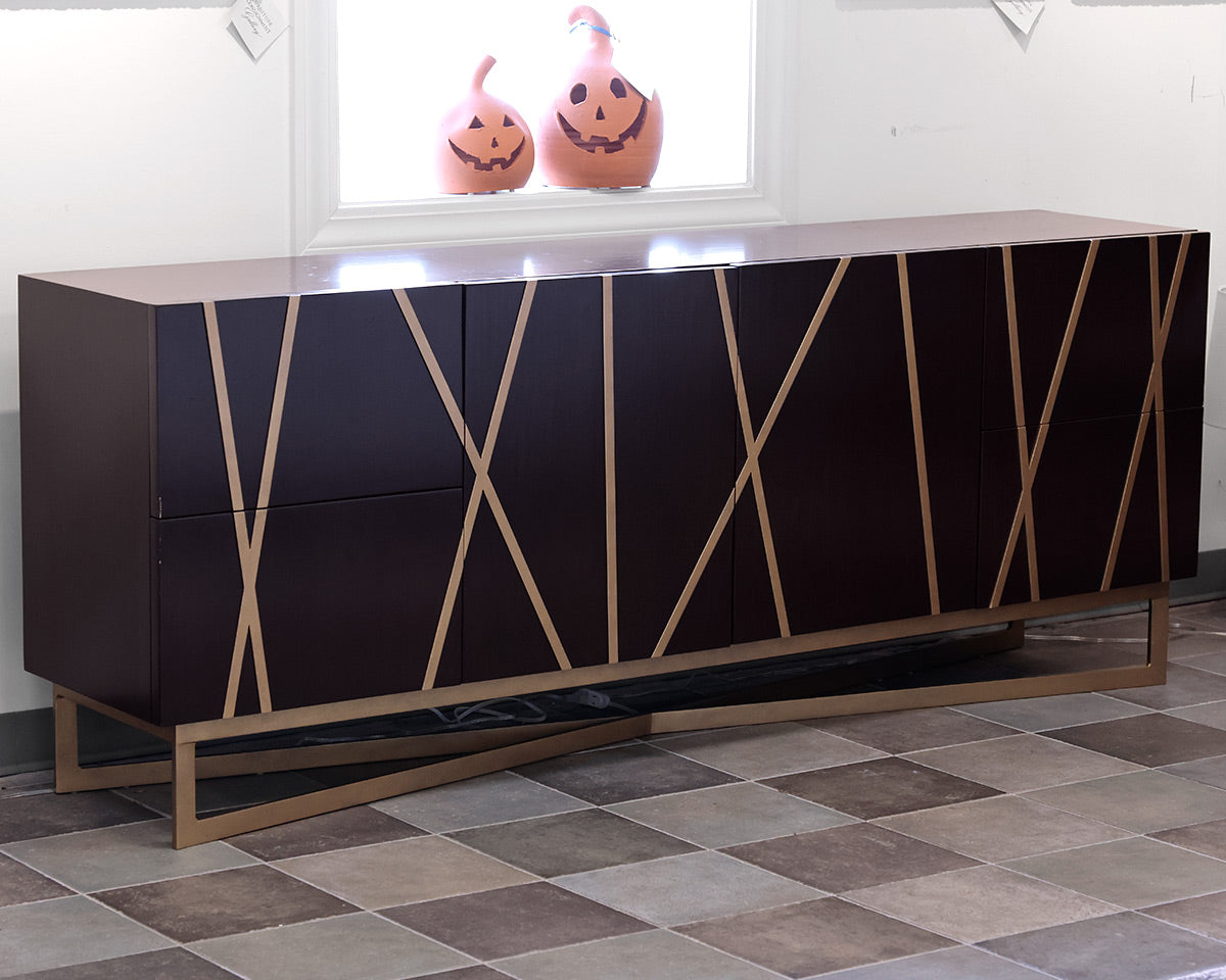 Dark Wooden Sideboard With Golden X Patterns