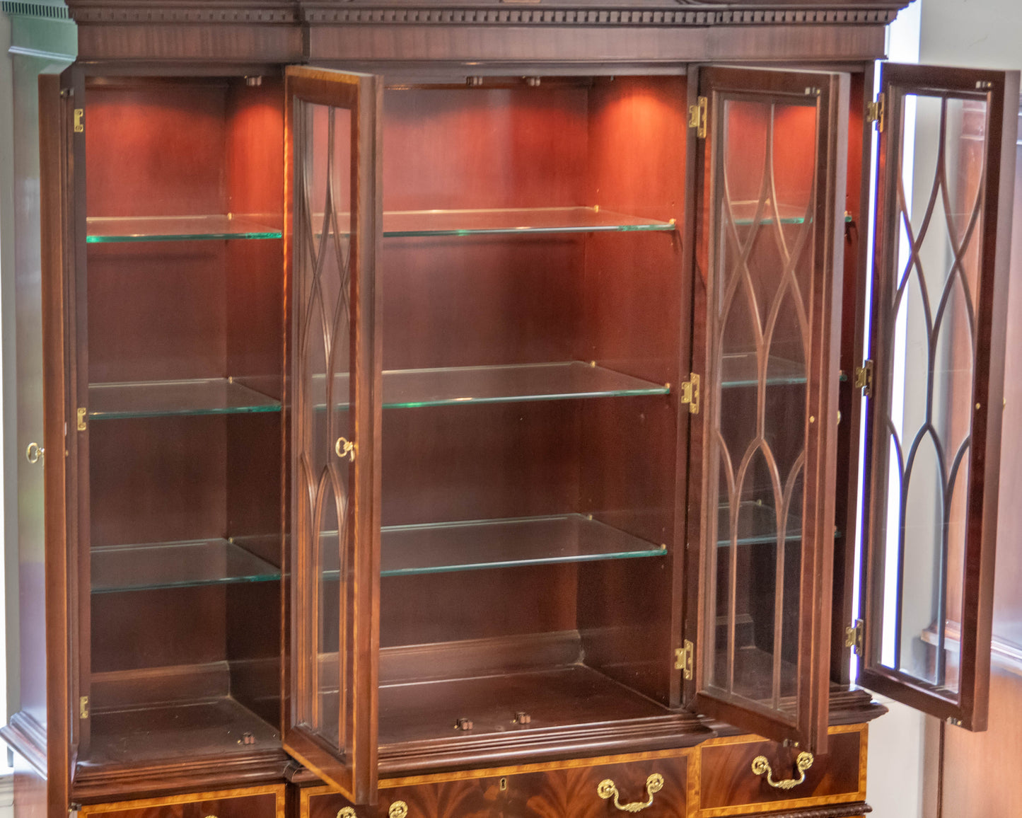 Councill Craftsman Burled Mahogany Breakfront W/ Satinwood Border