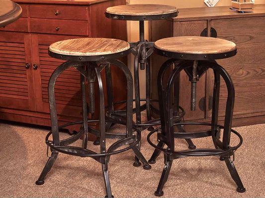 Set Of 3 Wooden Seat Industrial Style Metal Legs Swivel Counter/Bar Stools