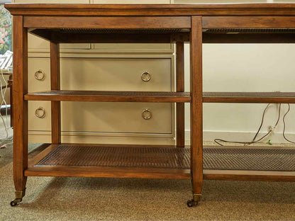 Elm Wood Console w/ Wood Cane Panel Design  & Glass Top  on Casters